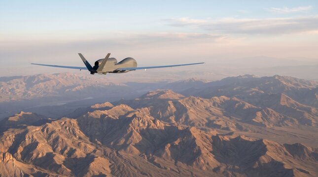 Unmanned military stealth drone aircraft with sleek gray fuselage, with wide wingspan outstretched, flying high above landscape, over arid mountain desert terrain at sunrise, aviation defense