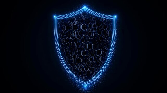 Abstract rotating digital shield with glowing blue hexagonal patterns and encrypted data streams, cybersecurity and data protection concept, seamless loop, 4K video.