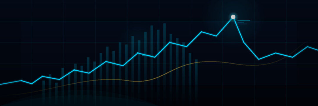Futuristic financial trading chart with blue line graph and bar chart on dark background for economic analysis . Vector illustration.