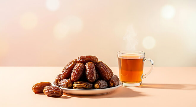 A plate of delicious dried dates served with a hot cup of tea on a table.