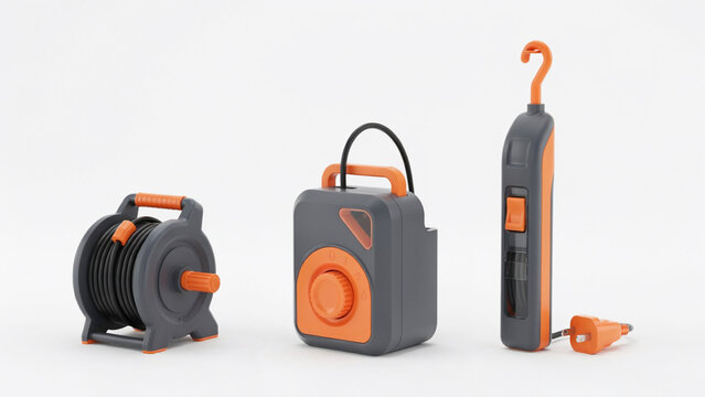 Three industrial power tools including a cable reel and work light on a white background
