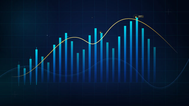 Financial stock market chart with blue bar graphs and golden trend line on dark background . Vector illustration.