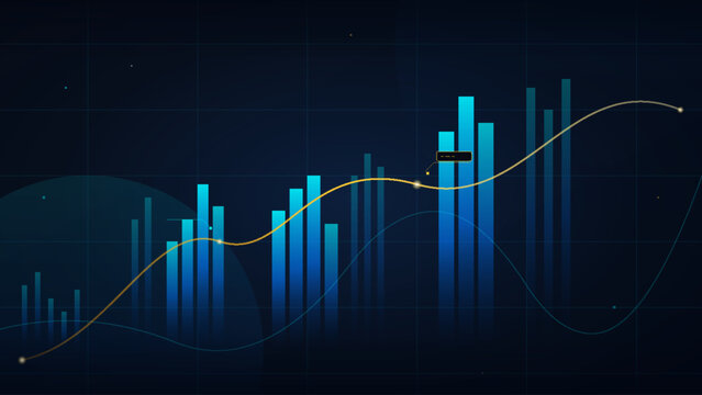 Abstract financial chart with blue bar graphs and a golden trend line on a dark digital background . Vector illustration.