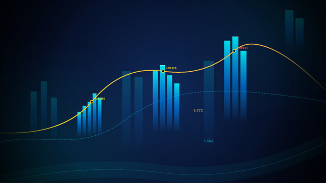 Digital financial market analysis chart with blue bars and golden trend line showing growth . Vector illustration.