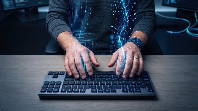 Person typing on keyboard with digital data stream overlay, cybersecurity and programming concept, hacker coding, information technology, futuristic interface, dark mode