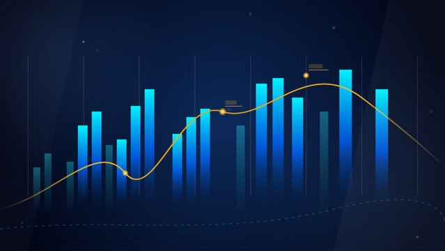 Professional business dashboard with blue bar charts and golden trend line on dark background . Vector illustration.