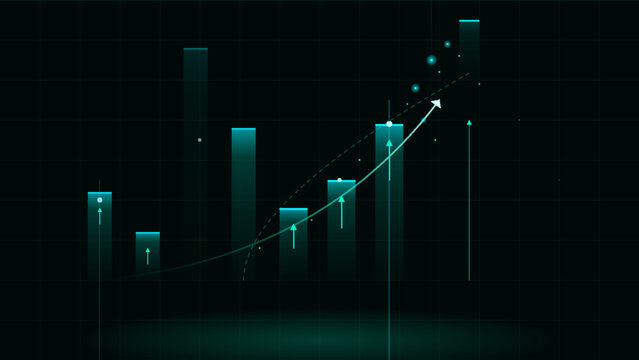 Futuristic financial bar graph with rising arrow and glowing digital indicators on dark grid . Vector illustration.
