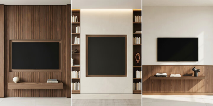 Three interior wall featuring wooden slats, built-in shelving, and flat screen televisions