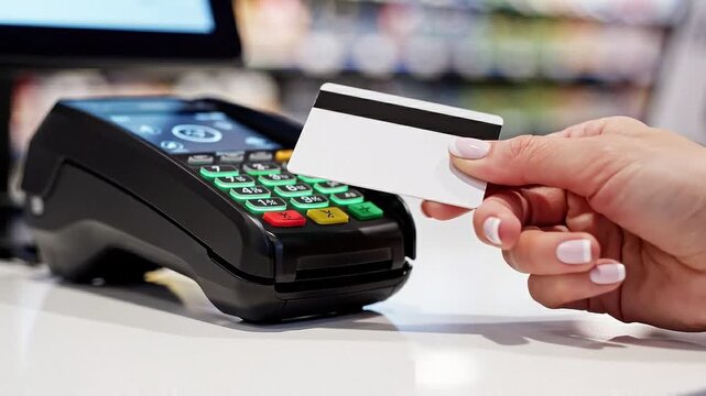 Customer Making Contactless Payment with Blank White Plastic Card on Electronic POS Terminal Counter in Supermarket Checkout Store
