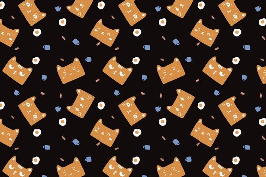 Seamless pattern with cartoon cat faces and white dots on a black background seamless whiskers
