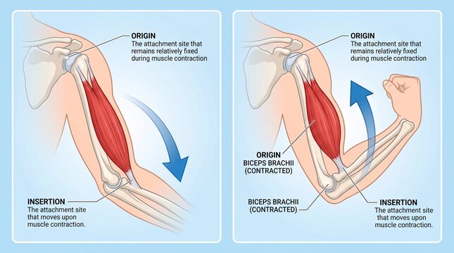 Human biceps brachii muscle contraction anatomical diagram