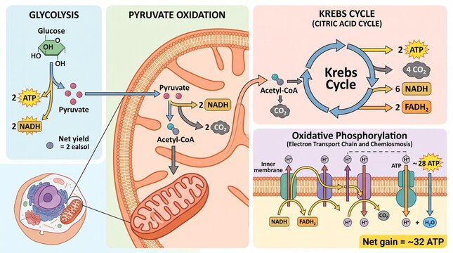 Cellular respiration diagram showing atp production stages
