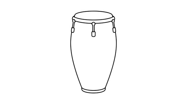 Hand-drawn vector icon illustration of a tall conga drum with rawhide skin, tension rim and tuning lugs, minimalist black outline isolated on white for Latin percussion, music and Carnival design