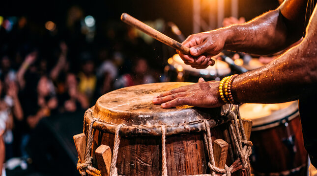 A person enthusiastically playing a large traditional drum at a lively event with a crowd