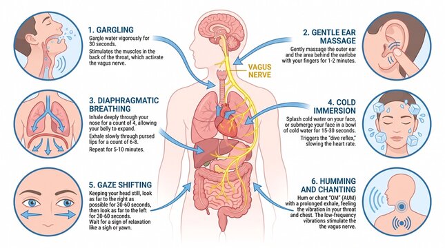 Medical infographic showing vagus nerve stimulation exercises