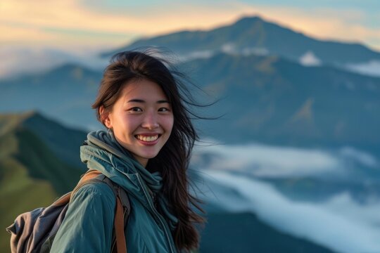 Asian woman mountain portrait smiling.