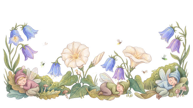 Whimsical fairy children sleeping among bellflowers and morning glories