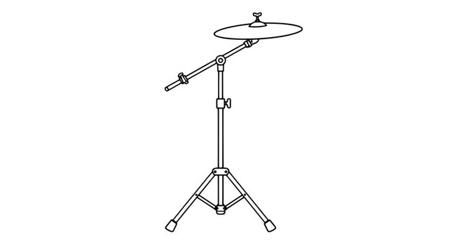 Elegant hand-drawn line art vector illustration of a crash cymbal mounted on adjustable metal boom stand with tripod base, isolated percussion hardware icon for drum kit and musical performance
