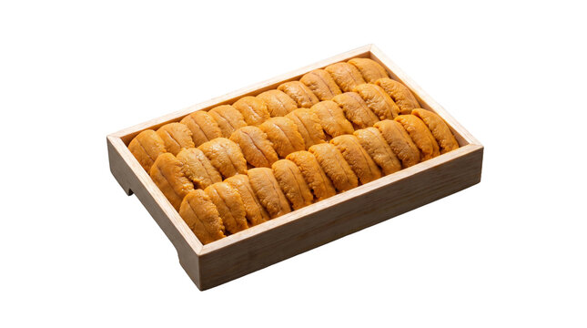 Fresh Sea Urchin Uni Gonads Arranged in Traditional Wooden Box for Japanese Sushi Presentation