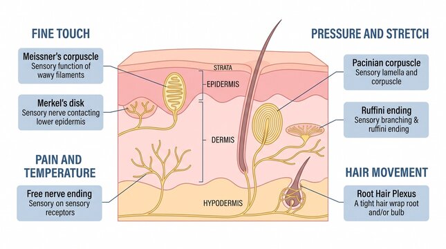 Human skin anatomy diagram showing sensory receptors and layers