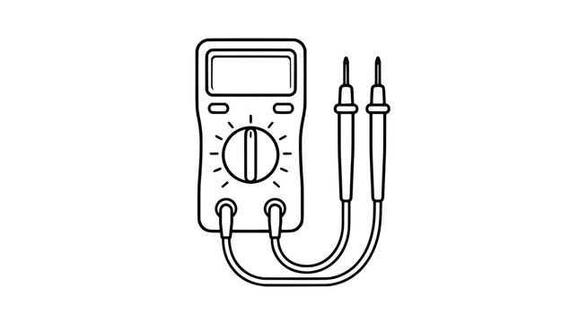 Digital multimeter with red test leads, electronic measuring instrument icon, multimeter probe illustration, electrical testing tool vector graphic for electronics and engineering on white background
