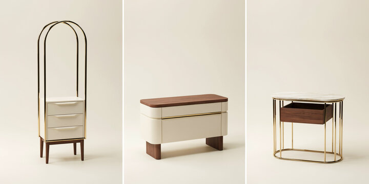 Three luxury furniture pieces with white drawers, wood accents, and gold metallic frames