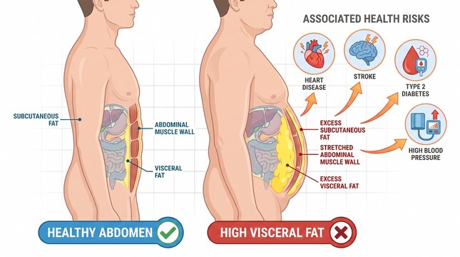 Medical illustration comparing healthy abdomen and high visceral fat