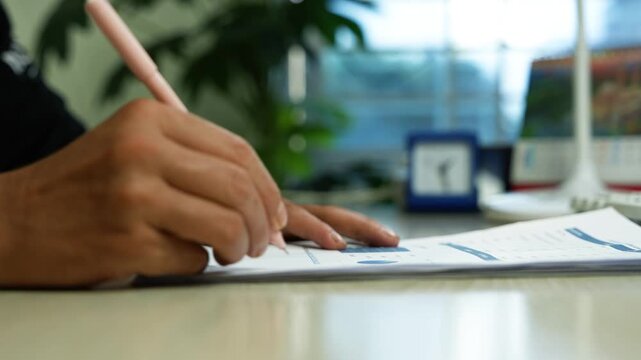 Person signing documents at office desk, Close-up of a person signing or filling out paperwork with a pen at an office desk, with blurred computer screens and plant in the background.