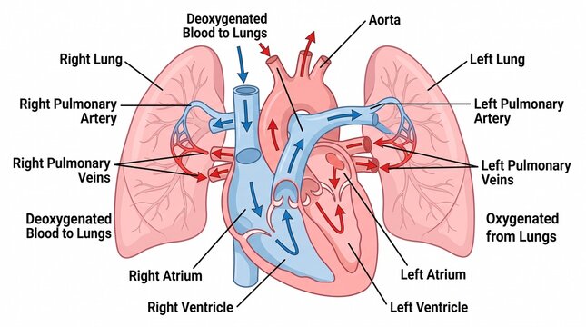 Human heart and lungs circulatory system diagram showing blood flow