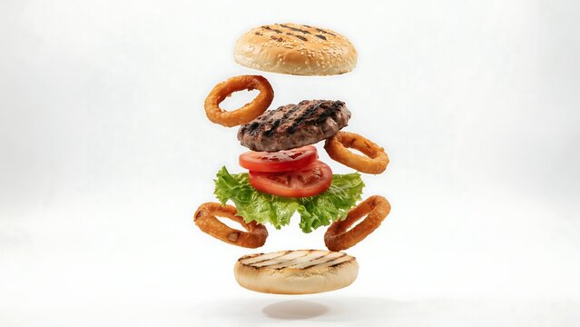 A delicious grilled burger with floating ingredients including bun, patty, tomato, lettuce, and onion rings on white