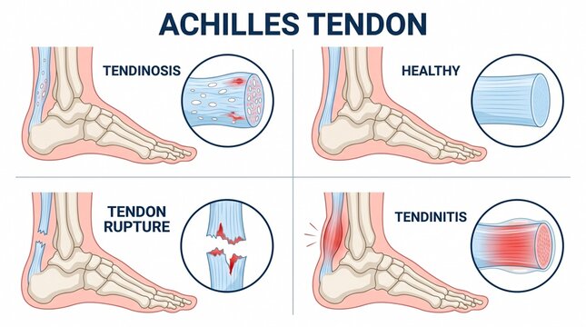 Human achilles tendon anatomy comparing healthy and injured states