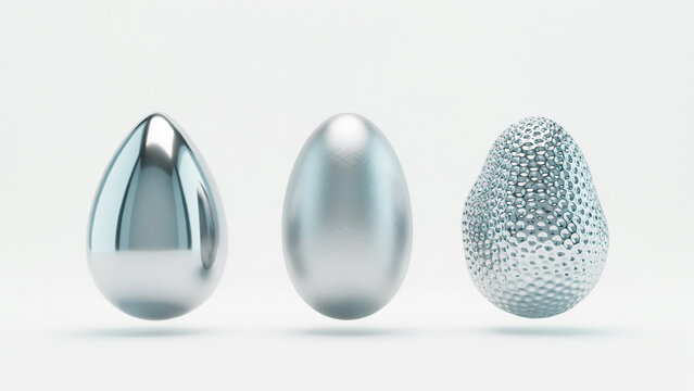 Three metallic egg shaped with smooth and textured surfaces on white background