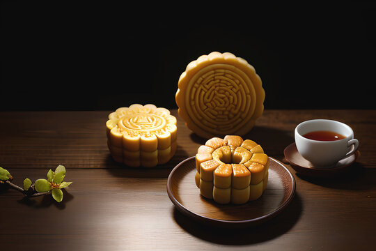 raditional Chinese Mooncakes and Tea on Dark Wooden Table