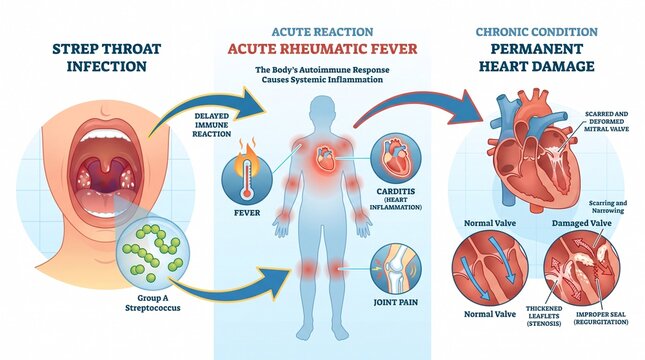 Medical infographic showing rheumatic fever heart damage progression