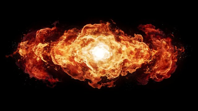 A massive, bright orange and yellow explosion of fire and flames isolated against a solid black background, intense heat