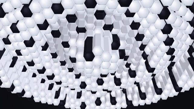 Moving array of black and white hexagonal pillars rising and falling in rhythmic pattern geometric motion abstract 3D modern architecture digital structure monochrome