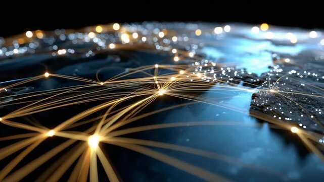Global Network Connections: A luminous representation of a global network, with glowing nodes and connecting lines illustrating the intricate web of data and communication spanning across the planet.