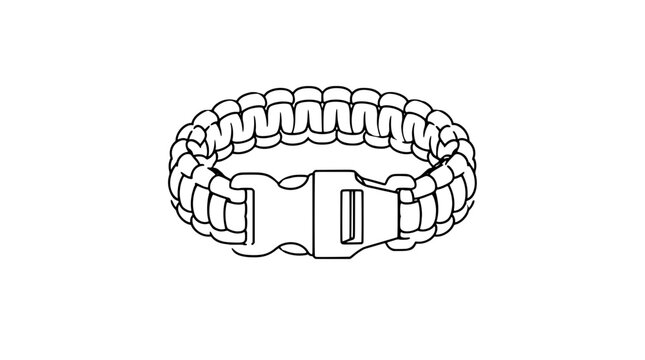 Hand-drawn paracord survival bracelet with plastic buckle and whistle, black and white line art vector icon illustration - professional high resolution commercial stock detailed commercial stock