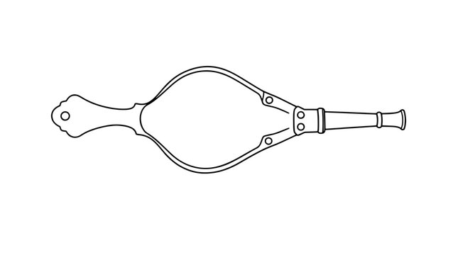 Ornate vintage fireplace bellows featuring brass nozzle and leather construction - detailed hand-traced vector icon illustration for hearth accessories and rustic home decor black and white outline