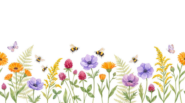 Watercolor wild flowers, bees, and butterflies create a vibrant border