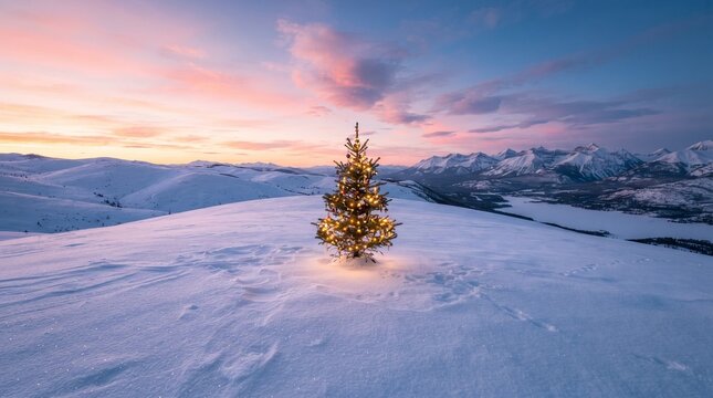 夜明けの雪の丘に一本立つクリスマスツリー