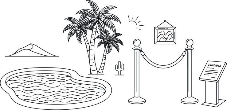 Modern minimal art exhibition vector set with desert oasis pool palm trees gallery stanchion barrier and information podium stand
