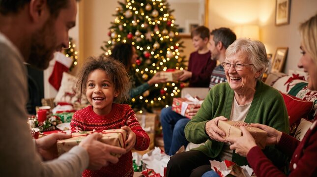 Warm family gathering exchanging gifts around a decorated christmas tree during the holidays