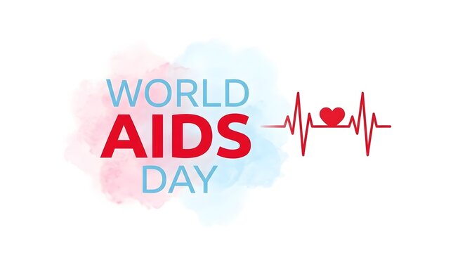 World aids day awareness ribbon with a red heartbeat line on a watercolor background
