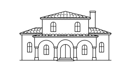 Obraz premium Elegant Mediterranean stucco villa vector illustration with arched front loggia, terracotta tile roofs, columns and arched windows, minimalist line art icon of luxury Spanish colonial estate home