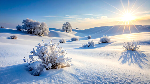 Snow covered rolling hills and frosted bushes under a bright shining sun casting long shadows in clear winter weather