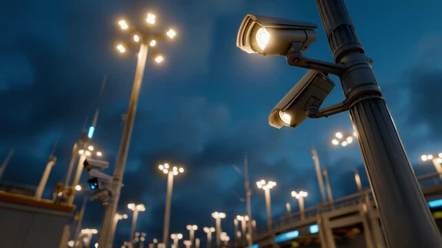Urban Surveillance Network: A network of modern surveillance cameras mounted on lampposts monitors a cityscape at dusk.