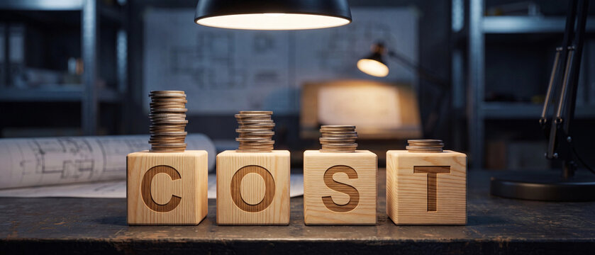 Wooden blocks spelling cost with stacked metallic coins under dramatic warm lighting in a dark professional office setting interior scene