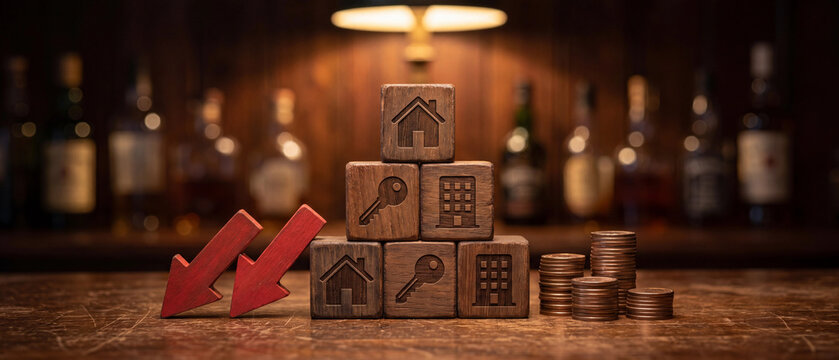 Wooden blocks with symbols of house, key and building with two red downward arrows and stacks of coins, representing real estate market crash or property price decline