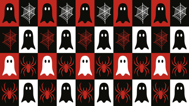 Spooky Halloween seamless pattern featuring ghost spider and spiderweb icons on checkered grid background for wrapping paper textile and wallpaper.